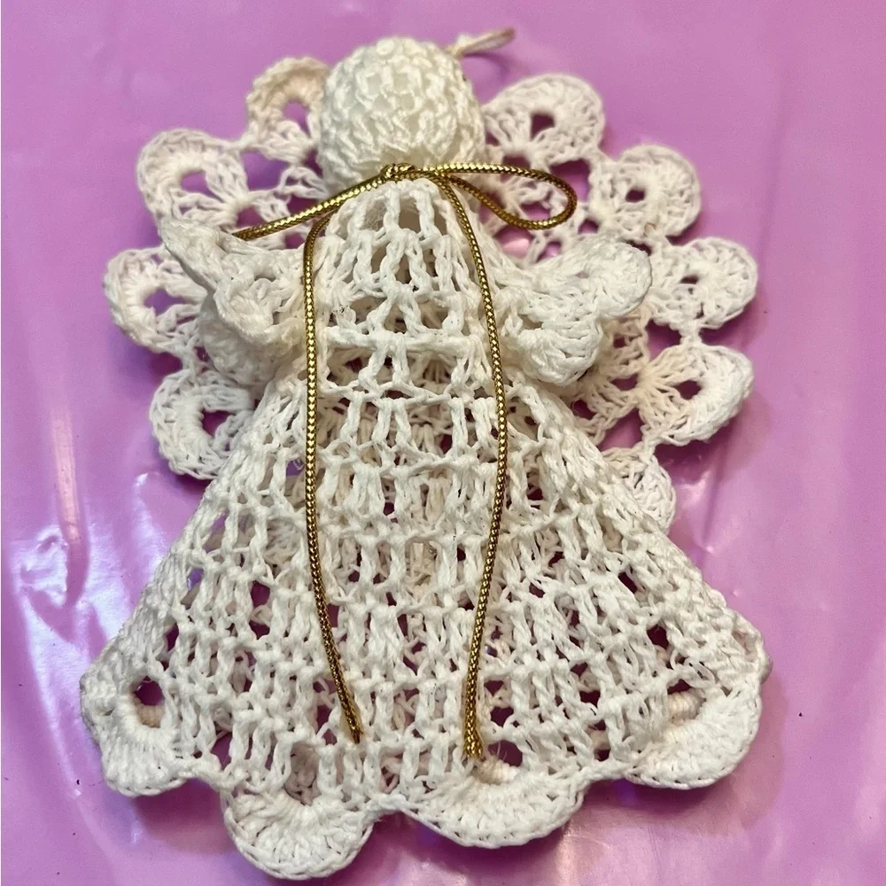 Vtg 3D Crochet Angel Ornament | Starched Lace Snowflake Halo Grandmacore Decor